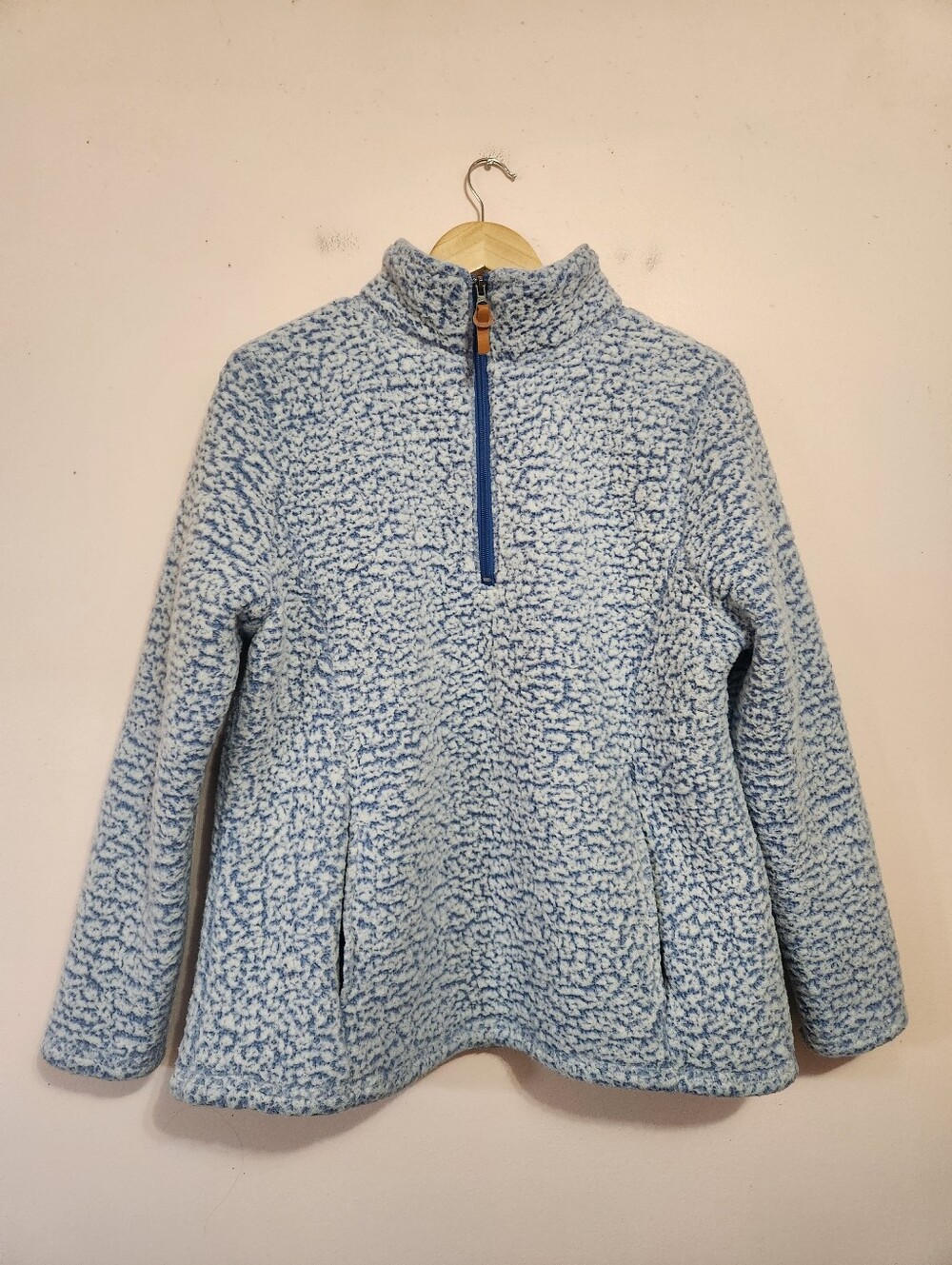 HG Blue White Teddy Sherpa Fleece Quarter Zip Pullover Sweater Jacket Size L